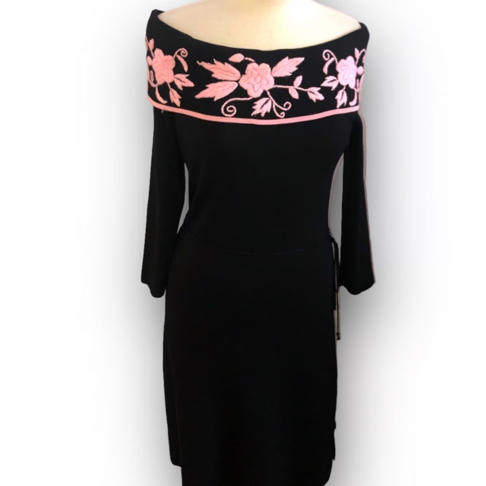 Elegant Black Dress with Pink Floral Embroidery